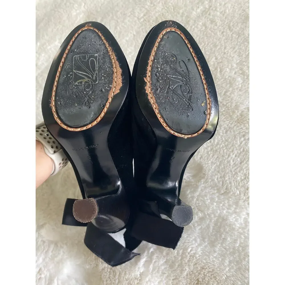 Nannette Lapore Peep Toe Ribbon Bow Tie Black Velvet Heels Sz‎ 8